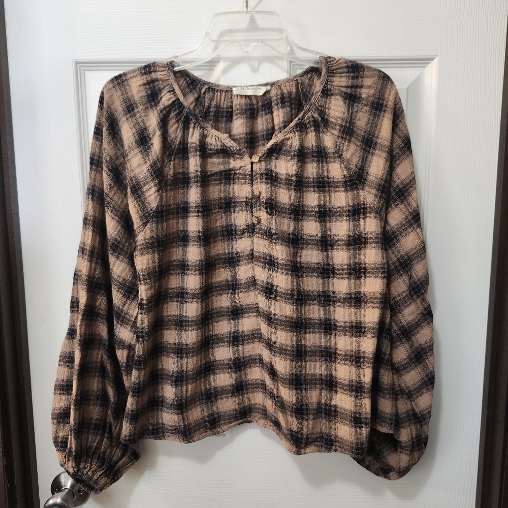 Boutique Cottagecore Plaid Peasant Henley Boho Blouse Sz M